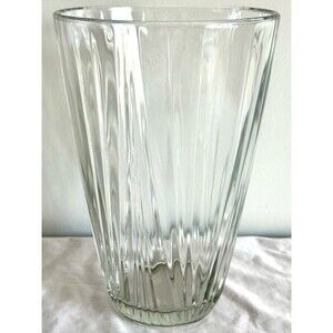 Clear Ribbed Glass Vase Tapered Cylinder 10”H 6.5” Opening Modern Deco